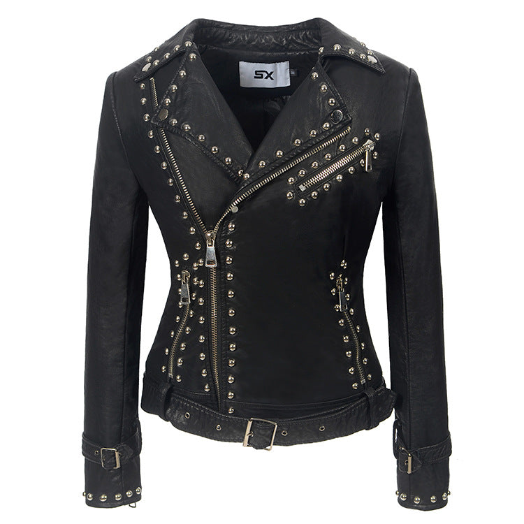 Leather Biker Coat Golden Leather Jacket Women Pu Jackets Lapel Zipper Punk Rivet plus Size Coat