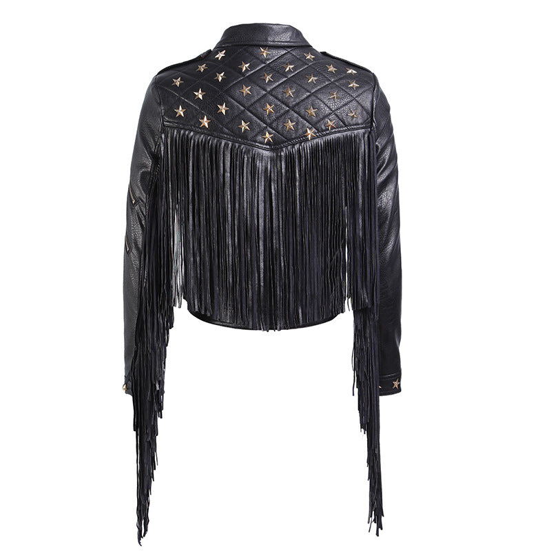 Leather Biker Coat God Leather Jacket Women Pu Jackets Tassel Coat Short Lapel Zipper Motorcycle Clothing