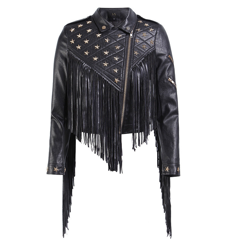 Leather Biker Coat God Leather Jacket Women Pu Jackets Tassel Coat Short Lapel Zipper Motorcycle Clothing