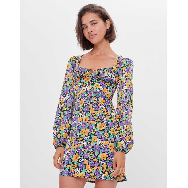 Milkmaid Dress Summer Square Collar Lace Up Lantern Sleeve Floral Dress