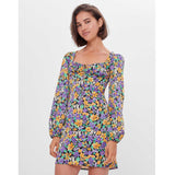 Milkmaid Dress Summer Square Collar Lace Up Lantern Sleeve Floral Dress