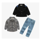 Children Boy Co Ord Children's Black Coat Plaid Shirt Jeans 3 Piece Set