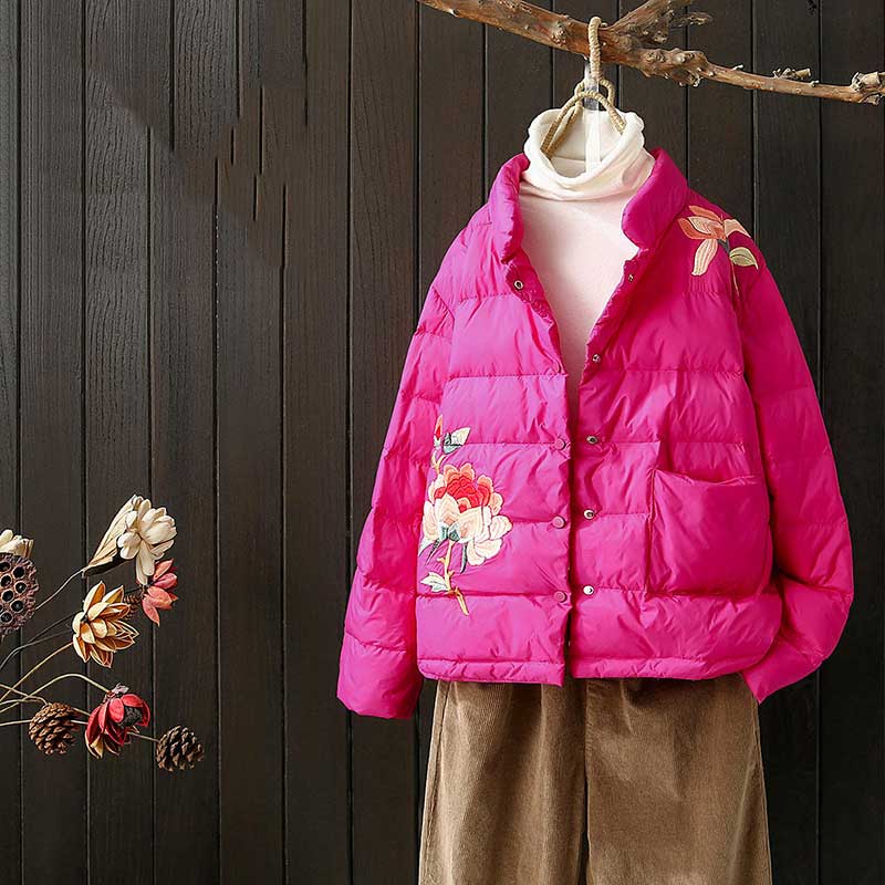 Women Winter Coats Puffer Jacket Down Coat White Duck Down Embroidered Down Jacket Solid Color Stand-up Collar Thermal Coat