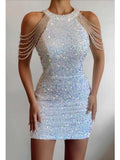 Olivia Wilde See through Dress Halter Sexy Crystal Fringed Sheath Sequins Dress