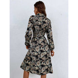 Nina Parker Graffiti Dress Printing Lapel Lace-up Long Sleeve Dress