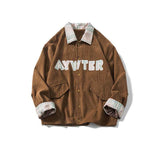 Brown Varsity Jacket Spring and Autumn Vintage Corduroy Polo Collar Jacket Men's Loose Plaid Stitching Embroidered Coat