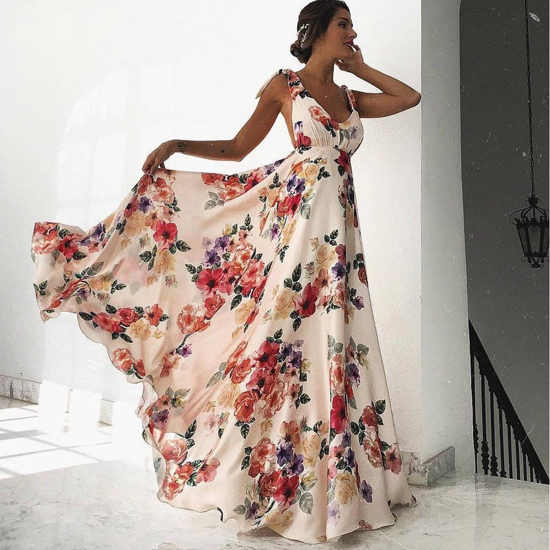 Sexy Sling Backless Dress Beach Holiday Floral Print Long Floral Tulle Cottagecore Aesthetic Dresses