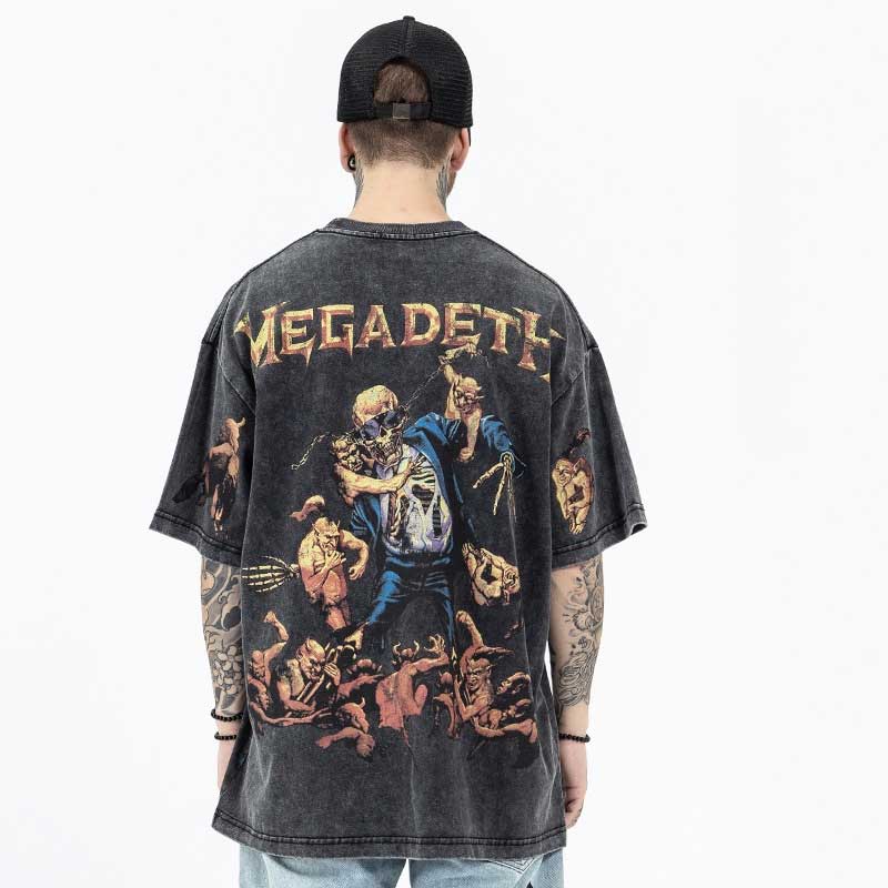 Oversized 90S T Shirt Summer Rolling Skull Print Washed Distressed Retro Short Sleeve T-shirt