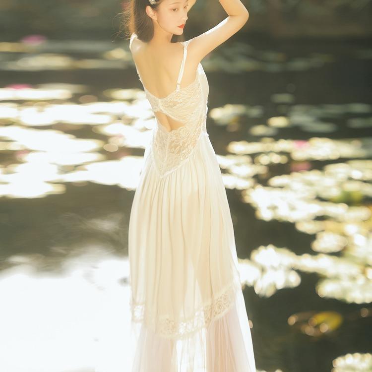 Women Retro Cottagecore Vintage Dress White Dress Lace V-neck Sleeveless Strap Maxi Dress