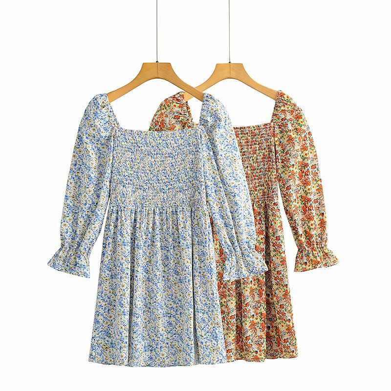 Women Fall Fall Two-Color Printed Dress Elastic Square Collar Skirt