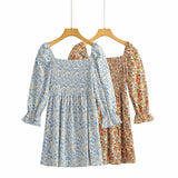 Women Fall Fall Two-Color Printed Dress Elastic Square Collar Skirt
