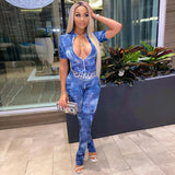 Spring Tie-Dyed Denim Printing round Neck Short Sleeve Slim Fit Bodysuit Women