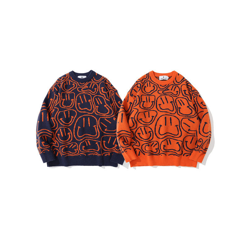 Mens Fall Outfits Smiley Face Jacquard Knitted Sweater Men's Loose Street Couple Casual Top