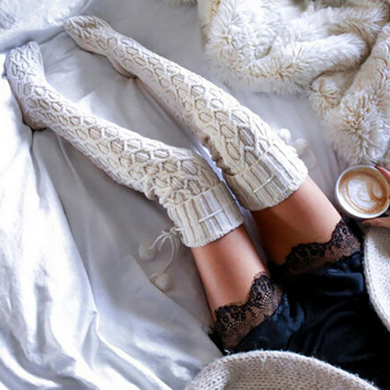 Winter Chunky Cable Thick Knit Thigh High Socks Long Stockings Boot Knitted Garter Fur Ball Woolen Yarn Socks