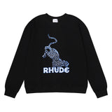 Rhude Hoodie Leopard Print Loose Men and Women Casual round Neck Sweater