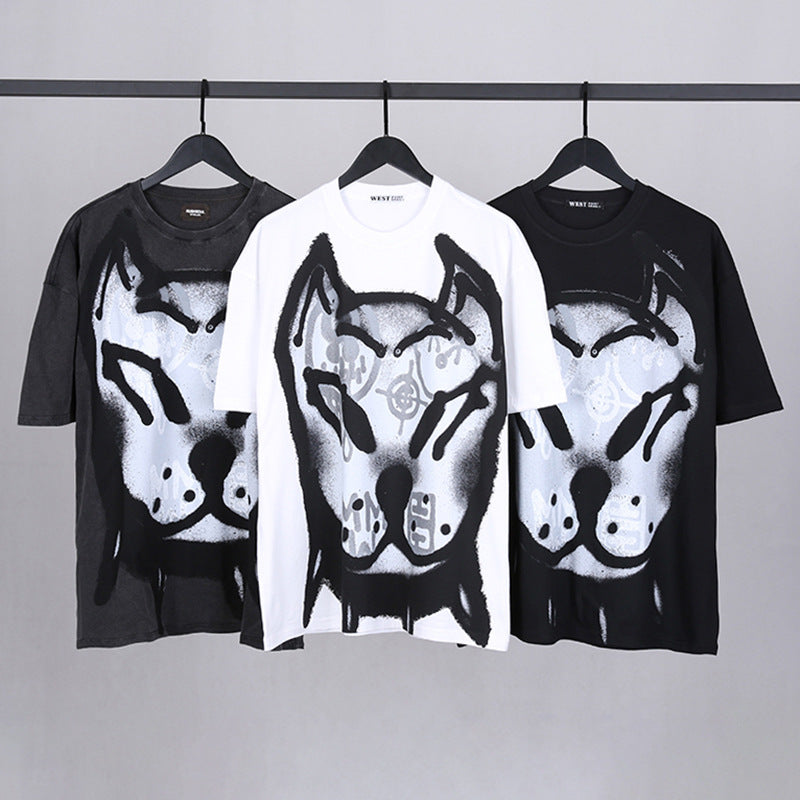 GVC T Shirt Bulldog Graffiti Distressed Cotton Short T-shirt plus Size Loose Men and Women