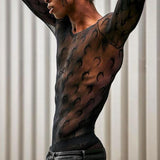 Rave Outfits Men Long Sleeve Shirt Printed Top Plaid Embroidery See-through Sexy Slim Long Sleeve