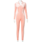 Solid Color Lapel Long Sleeve Suede Casual Sports Trousers Jumpsuit for Women