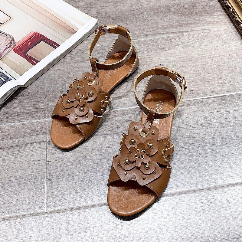 Women Open Toe Sandals Flats Summer Square Heel Flat Large Size Buckle Flower Cutout Casual Sandals