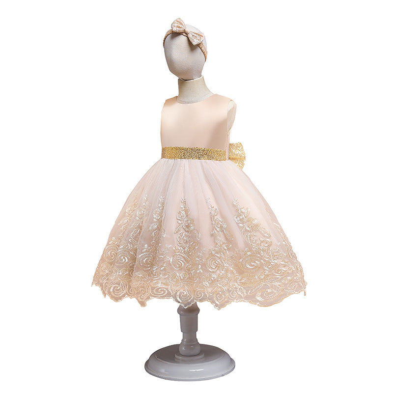 Toddler Girls Sequin Gown Dress Baby Birthday Dress Girl Princess Dress Embroidered Bow