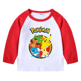 Children Pokemon Pikachu Hoodie Spring and Autumn round Neck Cartoon Long Sleeve T-shirt Cotton