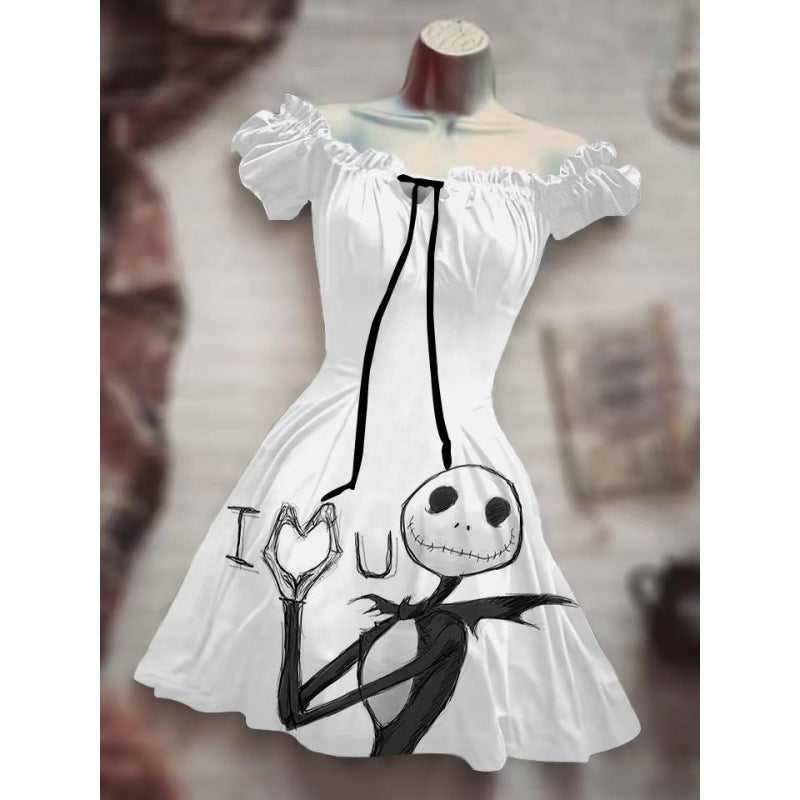 Skull Dress Digital Printing Drawstring Short Sleeve Dress Autumn