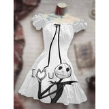 Skull Dress Digital Printing Drawstring Short Sleeve Dress Autumn