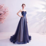 Women'S Evening Dress Ball Gown Princess Quinceanera Wedding Dresses Blue Starry Party Host Tube Top Tulle Tutu