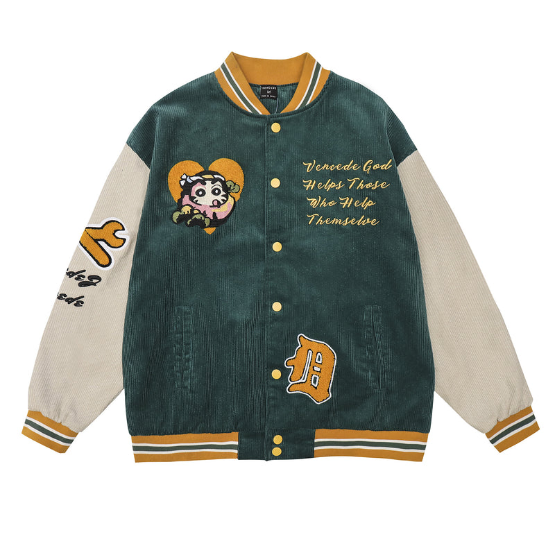 Corduroy Varsity Jacket Cartoon Love Corduroy Baseball Uniform Coat Men and Women Autumn Jacket Top