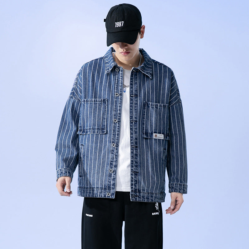 Denim Varsity Jacket Vintage Stripe Denim Jacket Men Oversize Baggy Casual Jacket