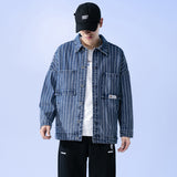 Denim Varsity Jacket Vintage Stripe Denim Jacket Men Oversize Baggy Casual Jacket