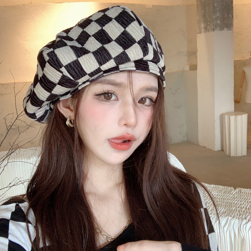 Check Beret Hat Black-White Checker Board a Little Cloud Cap