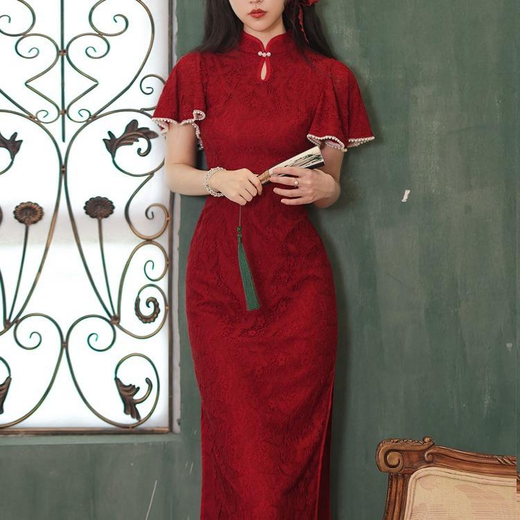 Women Cottagecore Dress Bridal Gown Vintage Lace Summer Red Dress