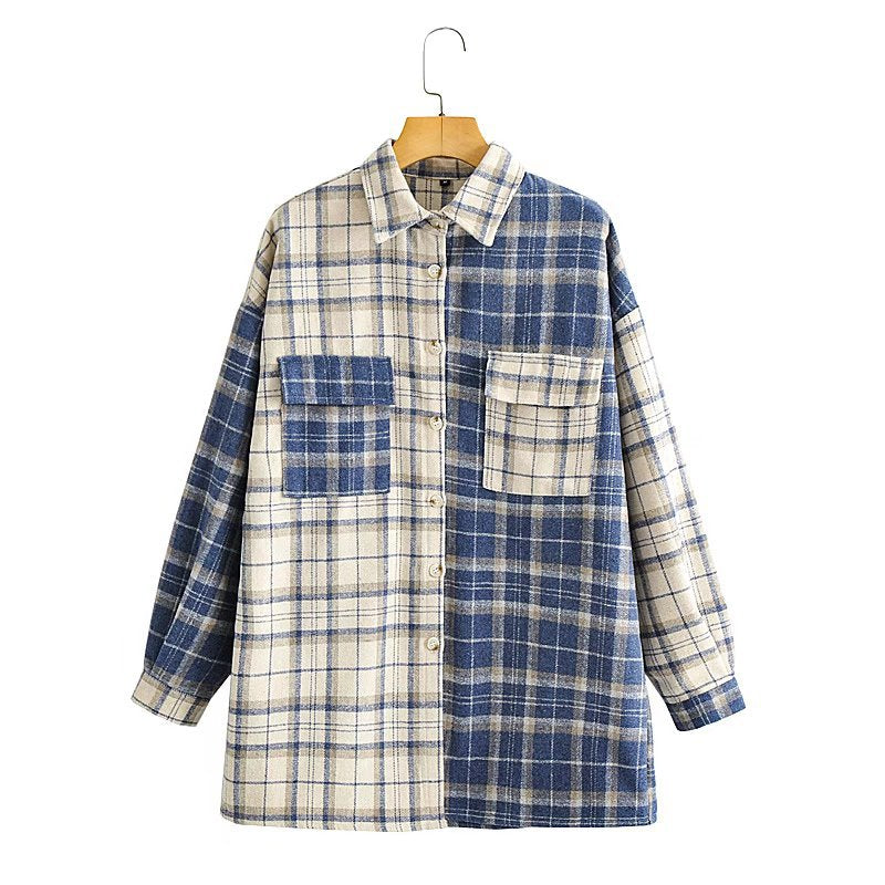 Women Fall Fall Loose Color Matching Plaid Shirt Single-Breasted Mid-Length Top
