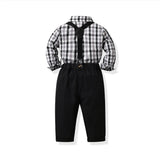 Children Boy Formal Shirt & Suspender Pants 2 Piece Set Autumn Long Sleeve Cotton Cardigan Suspender Trousers