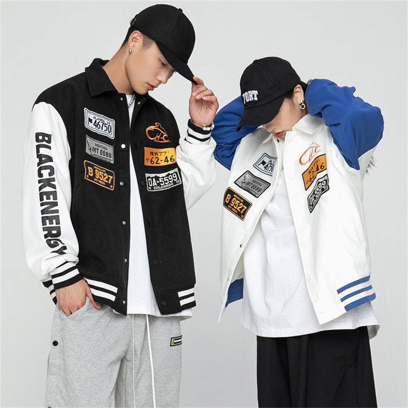 Black Varsity Jacket Spring and Autumn Baseball Uniform Loose Stitching Couple Workwear Jacket Men's Japanese Leisure Jacket Men's