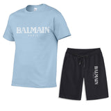 Balmain T Shirt & Sweatpant 2 Piece Set Men's Summer Casual Suit Printing Stylish Two-Piece Set