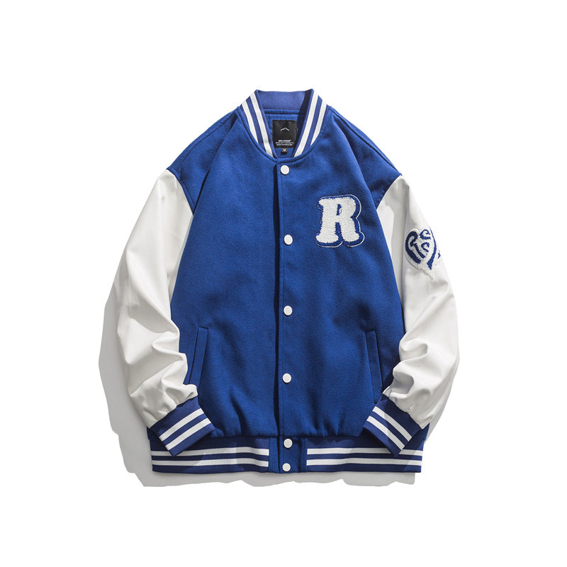 Blue Varsity Jacket Fall Color-Blocking Coat for Men Letter Print Embroidery Baseball Uniform Jacket