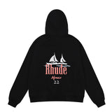 Rhude Hoodie Sailboat Printed Cotton Men and Women Couple Hooded Sweater
