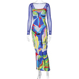 Nina Parker Graffiti Dress Mesh Slim Fit Patchwork Long Sleeve Dress