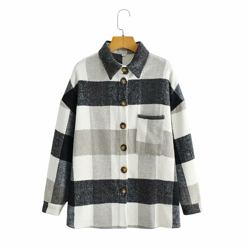 Women Fall Fall Two-Color Lapel Loose Casual Shirt Large Plaid Coat