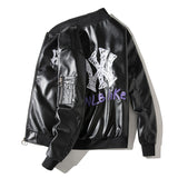 Graphic Leather Jacket Women's Spring and Autumn Air Force Flight Suit Leather Men's Baseball Collar PU Leather NY MLB Couple Jacket