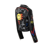 Punk Rock Jacket Motorcycle Leather Coat for Women Graffiti Printing