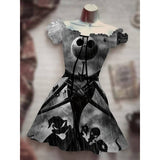 Skull Dress Digital Printing Drawstring Short Sleeve Dress Autumn