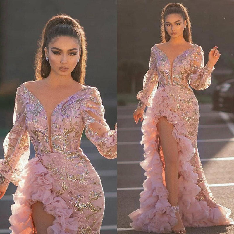 Bohemian Chic Wedding Guest Dress Sexy Hip Tail Sequin Pink Long Mesh Evening Dress