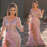 Bohemian Chic Wedding Guest Dress Sexy Hip Tail Sequin Pink Long Mesh Evening Dress