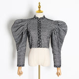 90S Fashion Court Retro Style Autumn and Winter Small Stand Collar Single-Breasted Puff Sleeve Diamond Flocking Short Coat