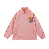 Green Varsity Jacket Spring and Autumn Fun Cartoon Flocking Stand Collar Raccoon Retro Couple Loose Sports Men Coat