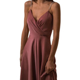 Mauve Dress Summer Solid Satin Pearl Suspender Dress Sexy V-neck Fashion Swing