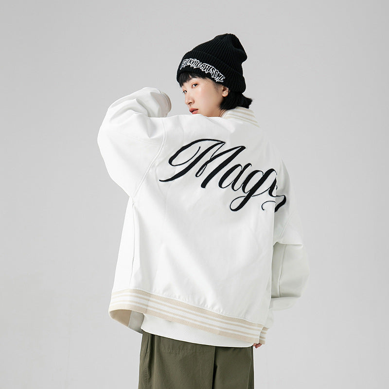 White Varsity Jacket Autumn Hip-Hop Street Men's Jacket PU Leather Coat Embroidered Loose Baseball Uniform Pu Jacket Men